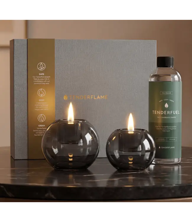 Tenderflame Globus 10 & 15 Graphite giftset + Tenderfuel – glazen tafelvuur set