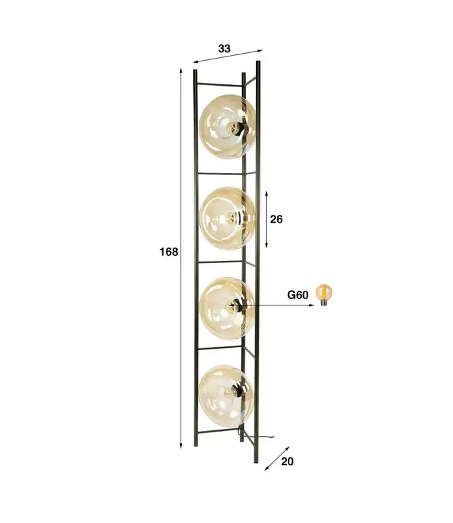 Rispens Soll vloerlamp 4L amber glas 168 cm – bronze metalen frame