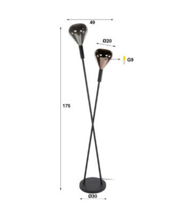 Rispens Wings vloerlamp 2L zwart 175 cm – glas koper en chroom