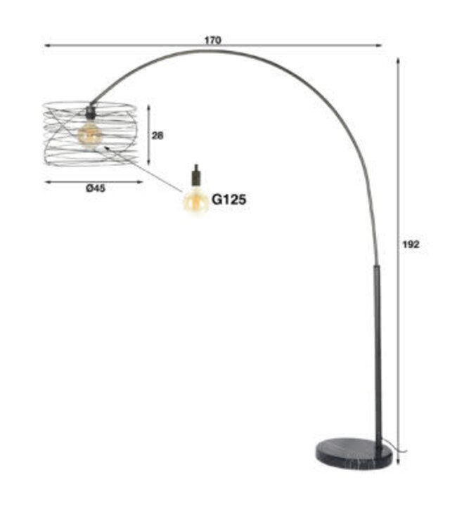 Rispens Curl booglamp 1L charcoal 192 cm – metalen vloerlamp met draadkap