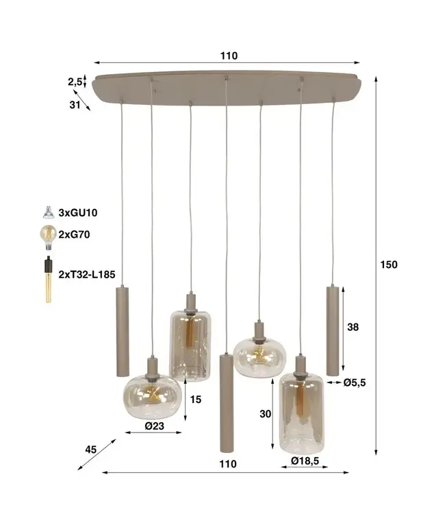 Rispens Hanglamp Serene 4+3-lichts beige 110 cm – amber glas