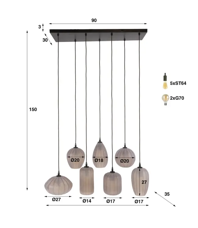 Rispens Hanglamp Altura 4+3-lichts sienna bruin 96 cm – frosted glas