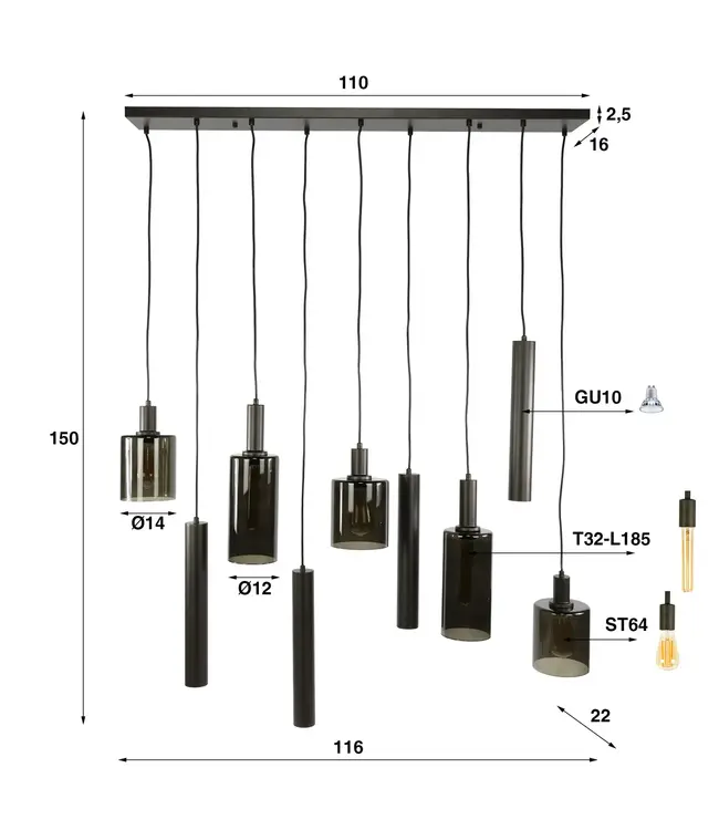 Rispens Hanglamp Sepiora 5+4-lichts sienna bruin 116 cm – brons en glas