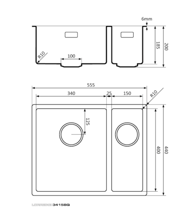 Zwarte Quartz anderhalve spoelbak met ronde korfplug en Easyclean overloop in het zwart