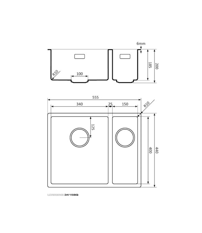Lorreine 3415BQ-FU Dubbele Spoelbak - Zwart