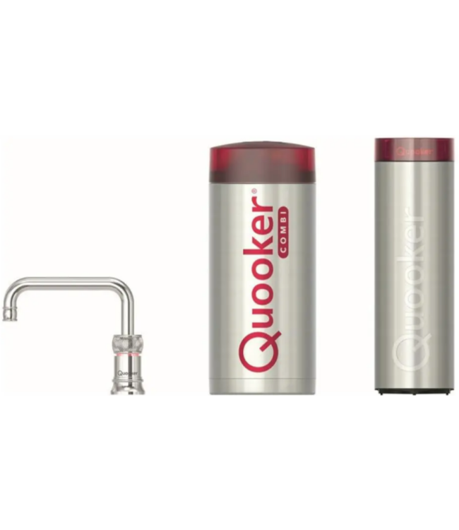 Inclusief classic square tapkraan met geintegreerde druk-draaiknop voor bruisend,gefilterd en kokend water met led indicatie. De Cube boiler is voorzien van display voor het instellen en het aflezen van de bruis capaciteit.  Merk Quooker® Kleur Rvs Inhoud