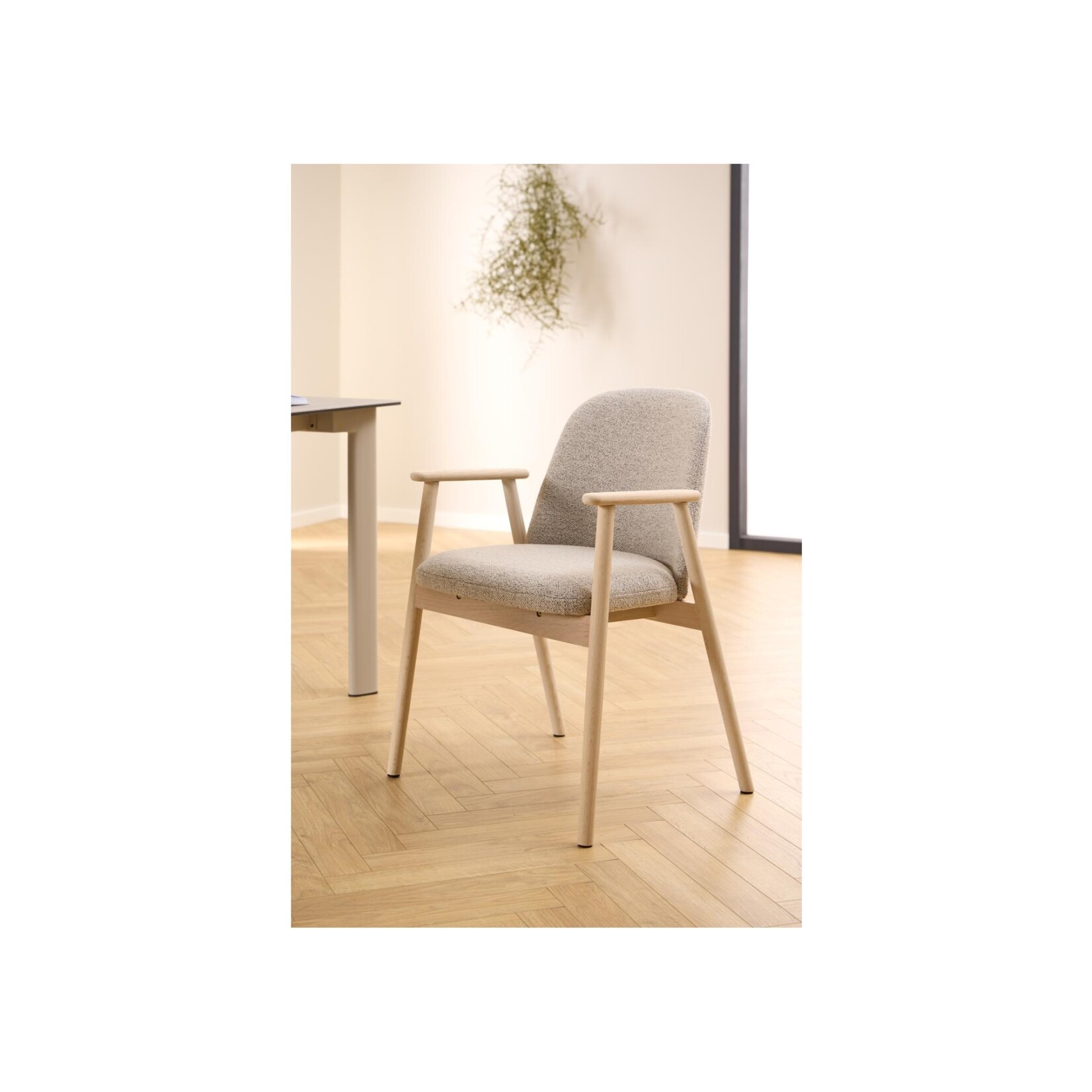 Leo eetkamerstoel met armleuning, stof Monza beige 60, onderstel wit gepigmenteerd geolied eiken