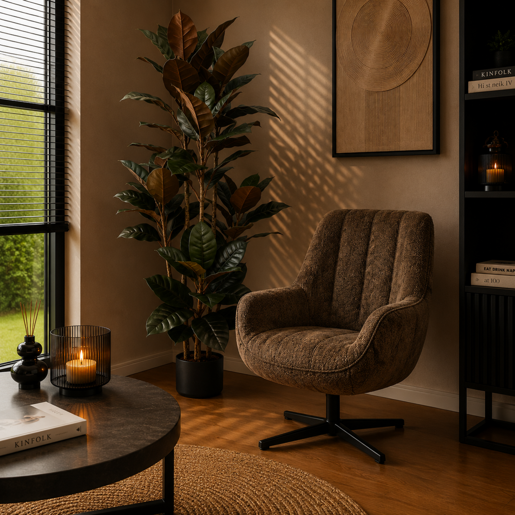 NeverLeafs Kunstplant Rubberboom  140 cm - Ficus elastica met 3 stammen