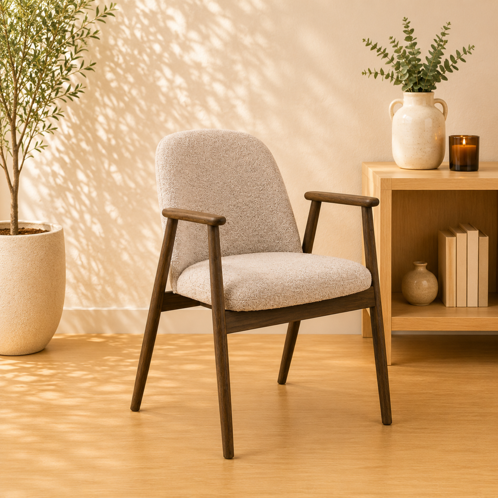 Leo eetkamerstoel met armleuning, stof Monza beige 60 FR, onderstel mat gerookt NC gelakt eiken