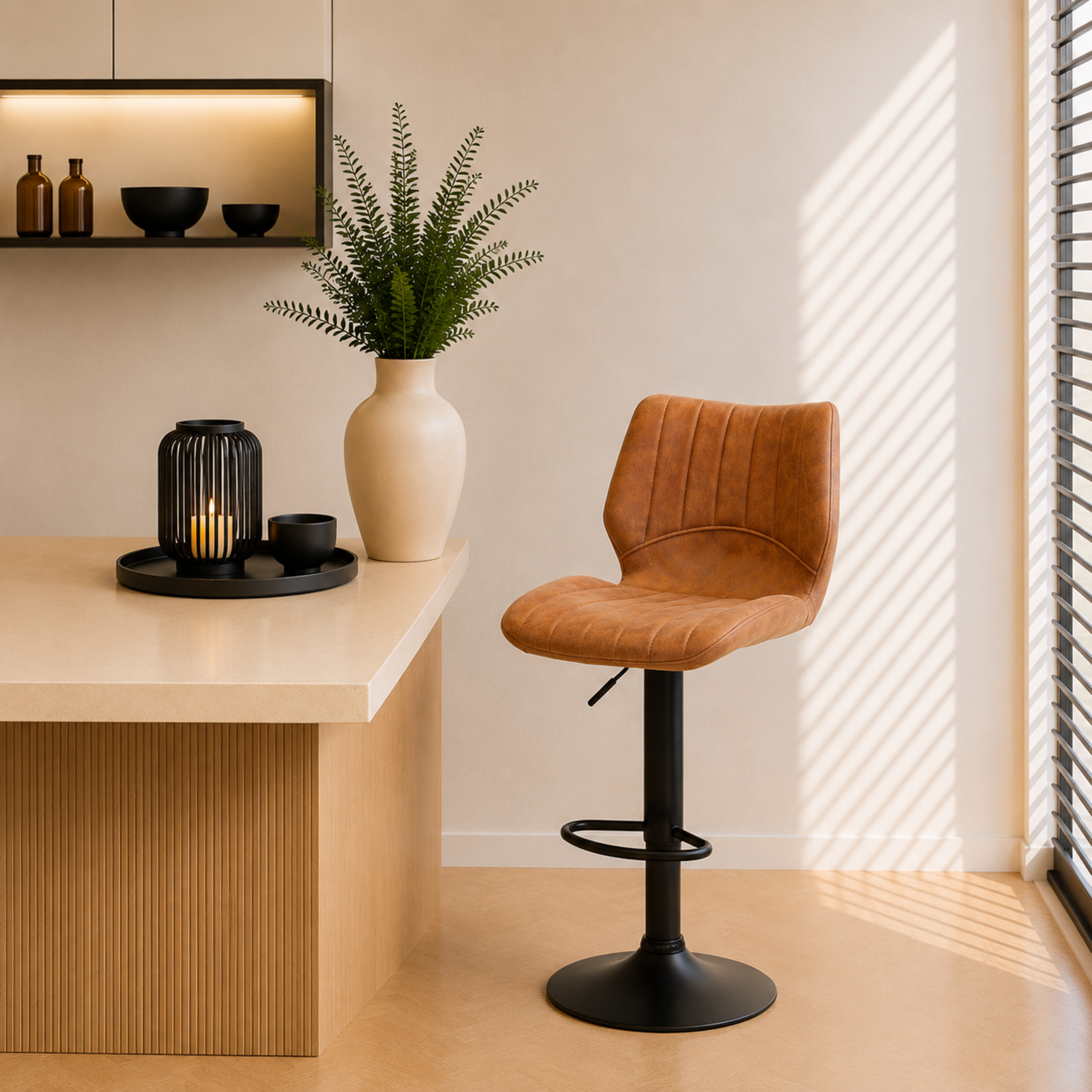 RV Design Barkruk Bobby zwart - Stof Soft Cognac