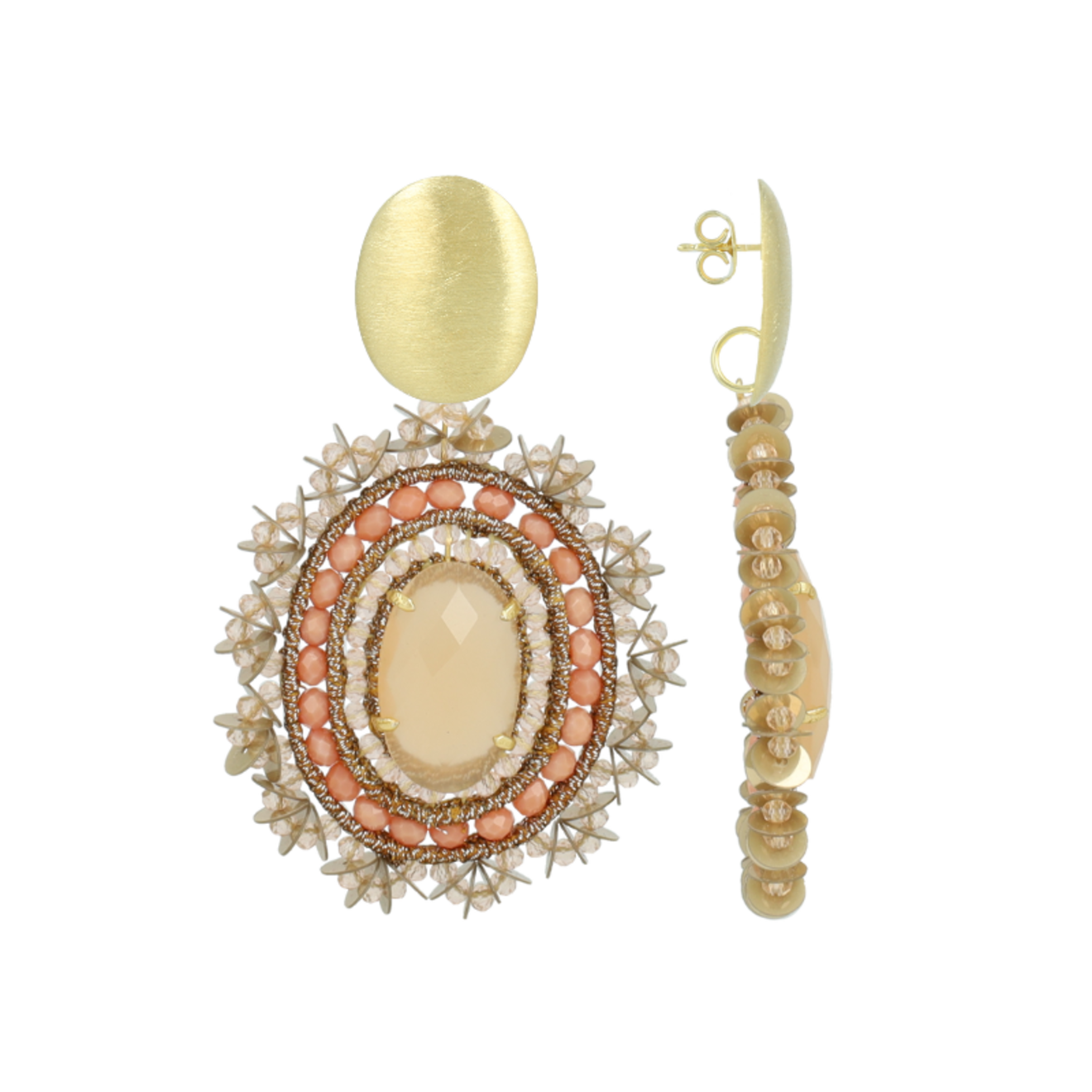 Venna oval sequin oorbellen coral taupe