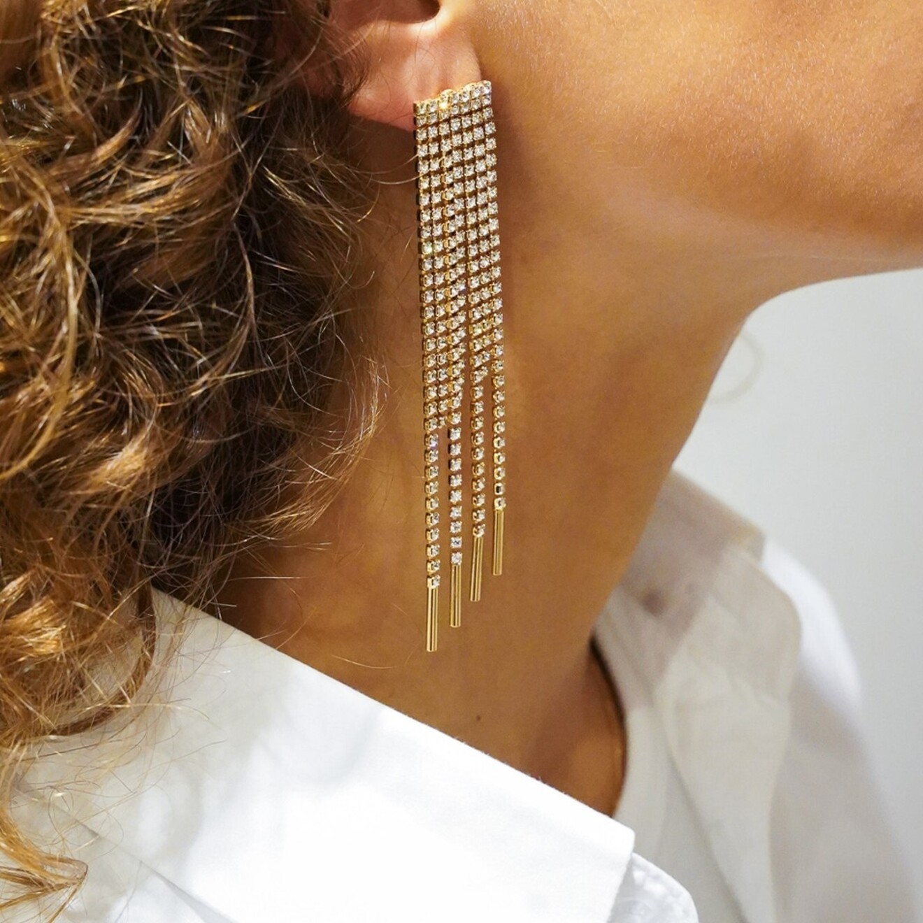 Kristalkleurige Strass Oorbellen Waterfall Square Mies