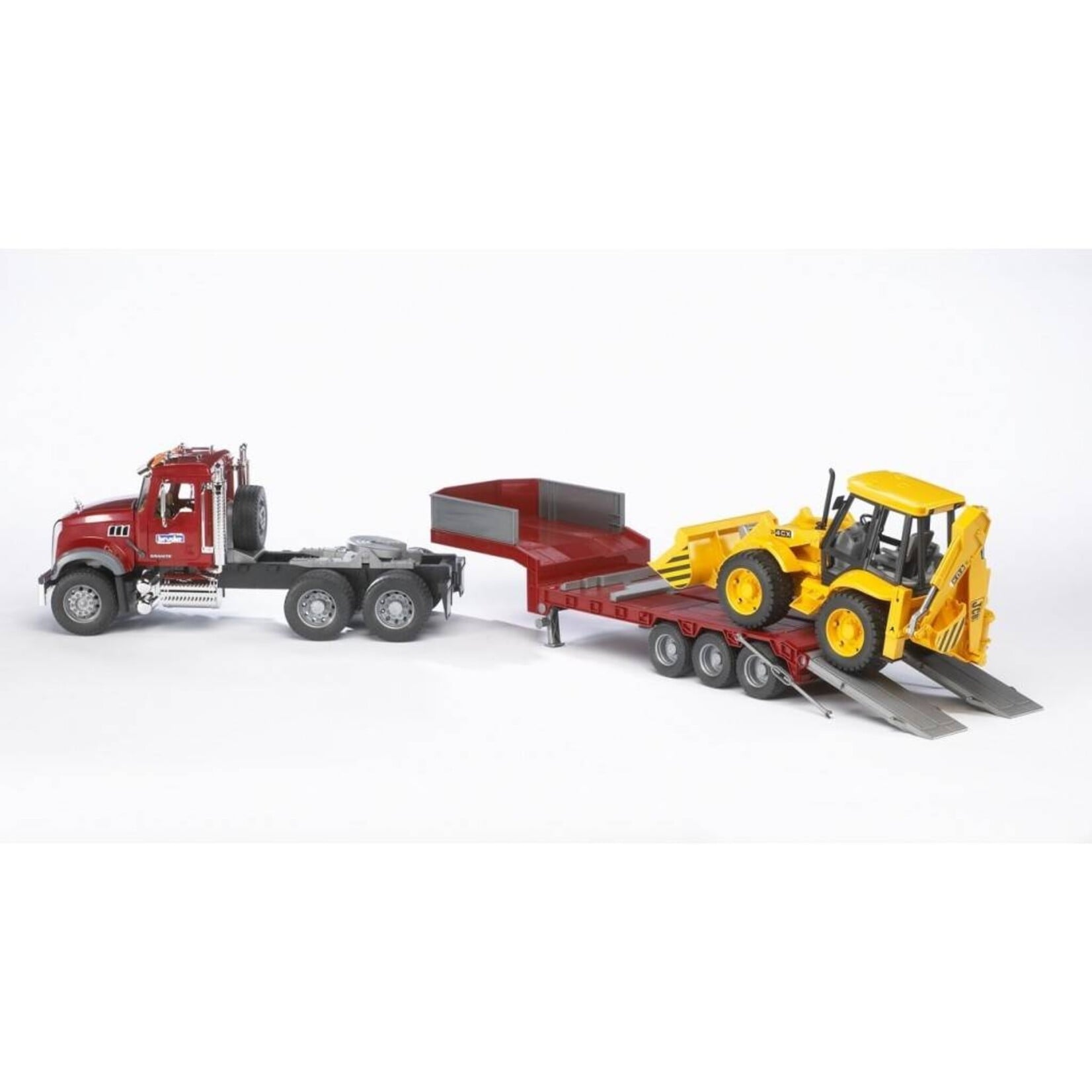 Bruder Remorque Bruder Mack Trucks surbaissée MACK Granite et JCB 4CX – 1:16