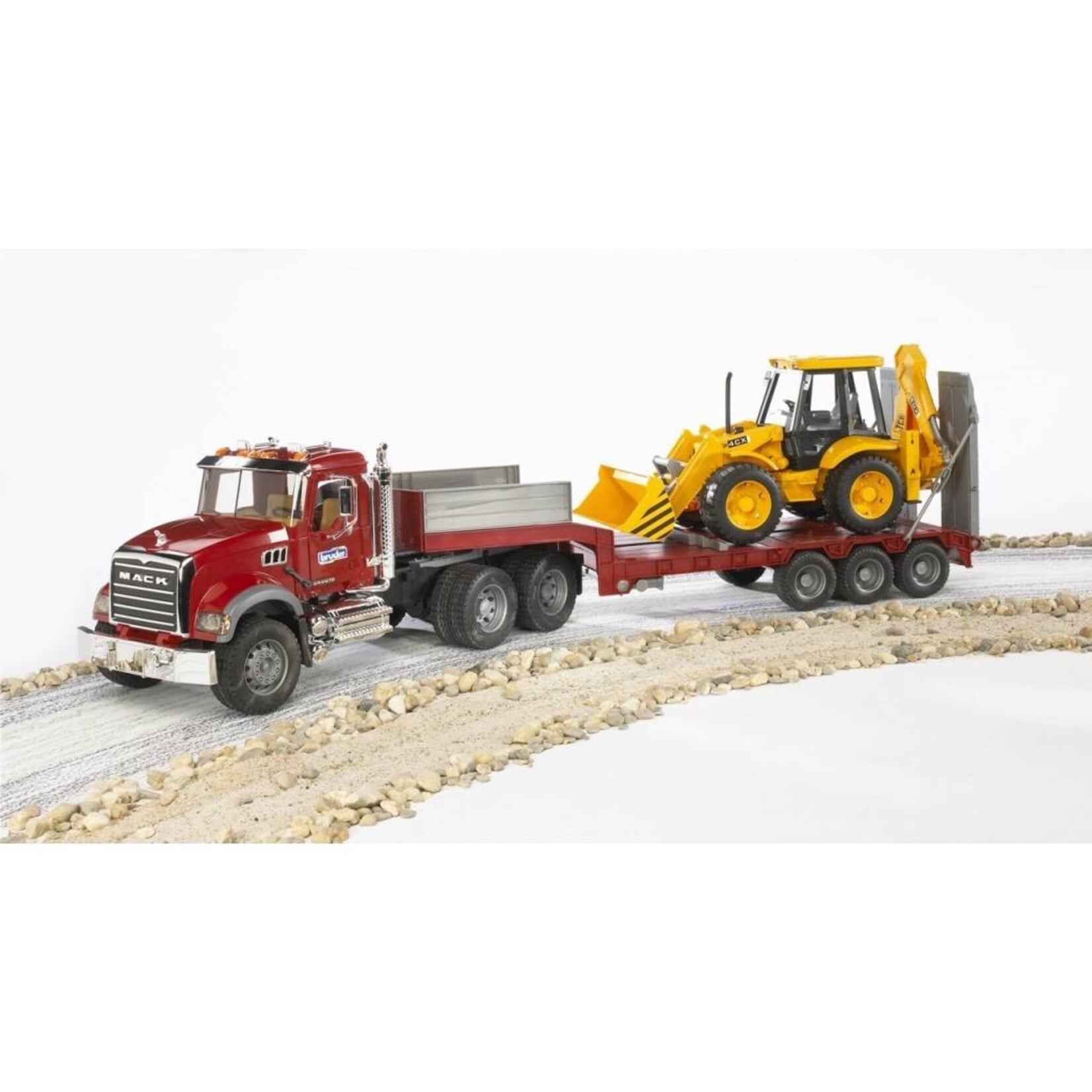 Bruder Remorque Bruder Mack Trucks surbaissée MACK Granite et JCB 4CX – 1:16