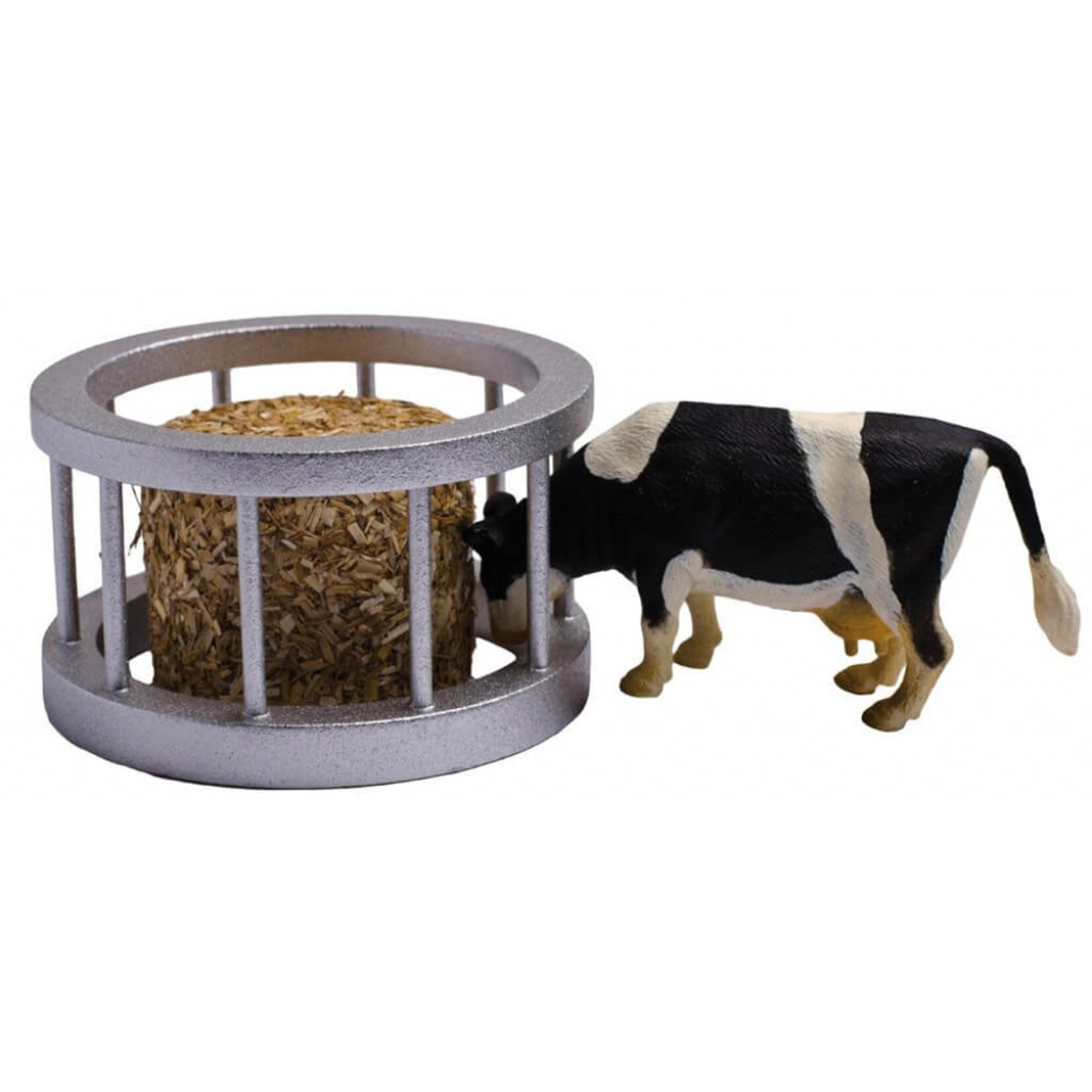 Kids Globe Accessoires de ferme Kids Globe Ensemble nourrissage bovins, balle de paille, vache – 1:32