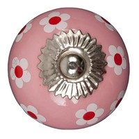 Porseleinen meubelknop 40 mm roze wit rode bloemetjes