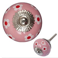 Porseleinen meubelknop 40 mm roze wit rode bloemetjes