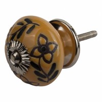 Meubelknop porselein reliëf deco CK5507 bloemen geel zwart