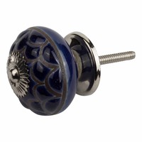 Meubelknop porselein reliëf Deco blauw zwart