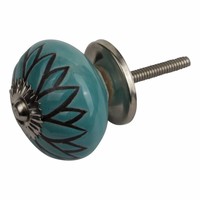 Meubelknop porselein reliëf deco bloem blauw zwart