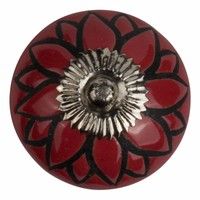 Meubelknop porselein reliëf Deco bloem rood zwart