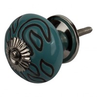 Meubelknop porselein reliëf Deco - blauw zwart