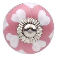 Meubelknop 30 mm roze wit hartjes van porselein