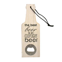 Flesopener 20x7x1cm houten flesje met opdruk.