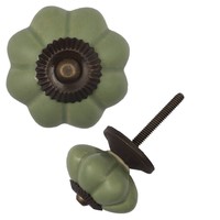Porseleinen meubelknop bloem groen - brons