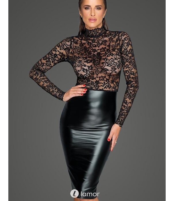 * NOIR handmade Midi jurk van zacht kant en powerwetlook van Noir Handmade MissBehaved Collection