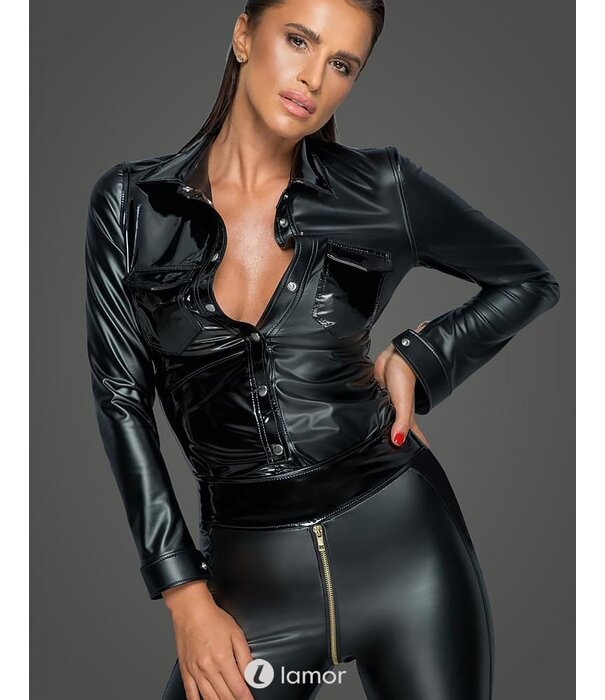 * NOIR handmade Blouse van powerwetlook met pvc details van Noir Handmade MissBehaved Collection
