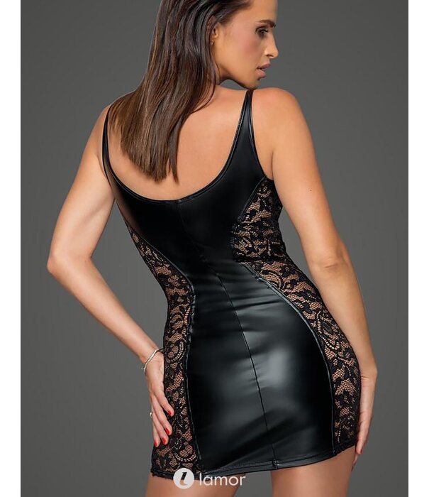 * NOIR handmade Wetlook mini jurk met  kanten inzetstukken van Noir Handmade  MissBehaved Collection