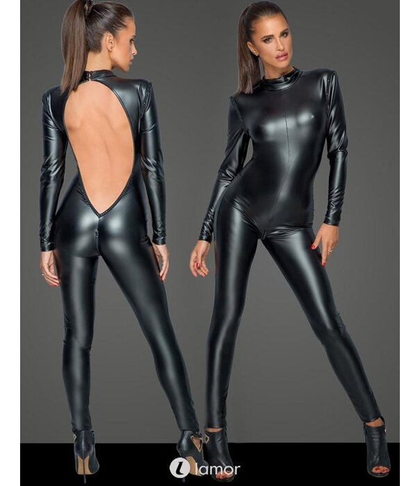 * NOIR handmade Wetlook catsuit met laag uitgesneden rugpartij van Noir Handmade MissBehaved Collection