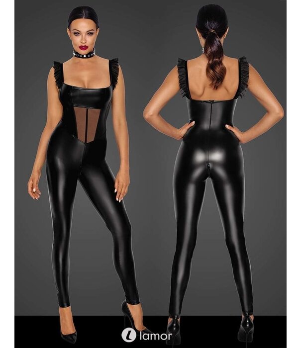 * NOIR handmade Wetlook catsuit met Tule inzet van Noir Handmade  uit de collectie Fucking Fabulous