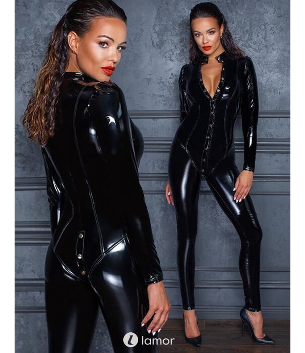 * NOIR handmade Lak catsuit met knoopsluiting van Noir Handmade  uit de collectie Fucking Fabulous