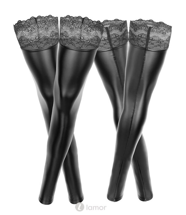 * NOIR handmade Wetlook kousen met kanten rand  F272  van Noir Handmade Curves Collectie