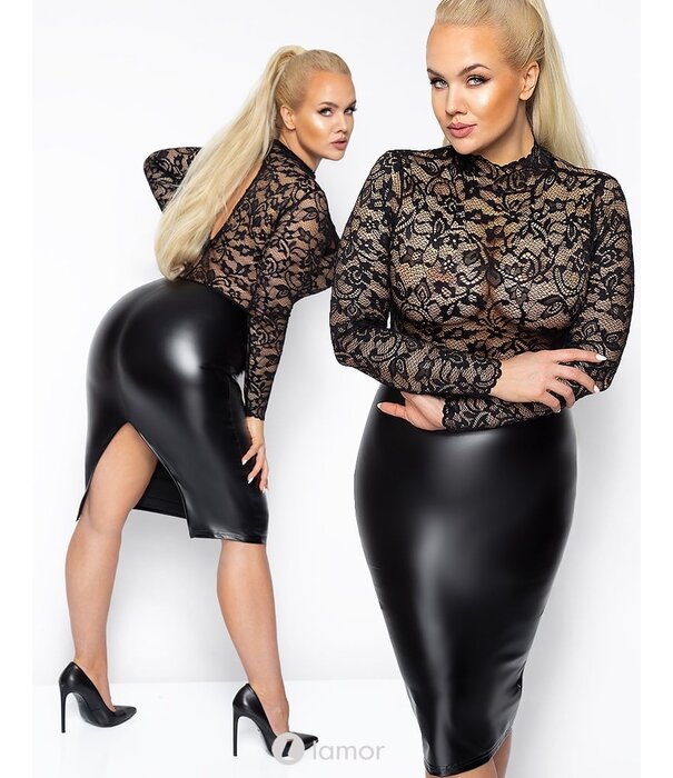 * NOIR handmade Midi jurk van zacht kant en wetlook -F269 van Noir Handmade  Curves Collectie