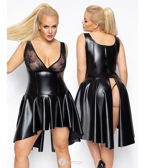 * NOIR handmade Wetlook jurk met klokrok met split-F268  Noir Handmade Curves Collection