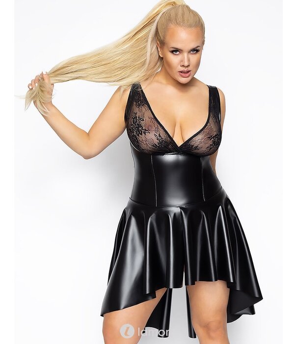 * NOIR handmade Wetlook jurk met klokrok met split-F268  Noir Handmade Curves Collection