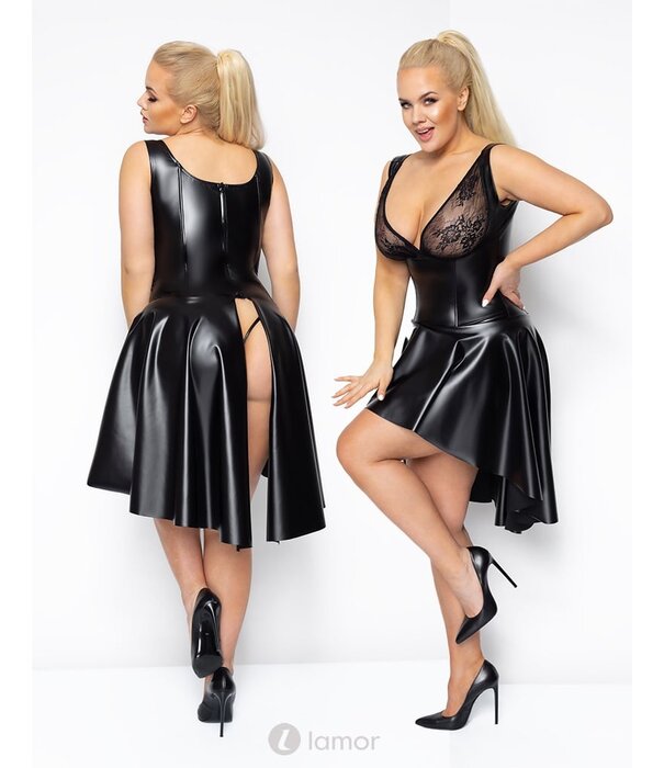 * NOIR handmade Wetlook jurk met klokrok met split-F268  Noir Handmade Curves Collection