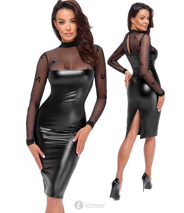 * NOIR handmade Wetlook halflange jurk met tule  van Noir Handmade uit de collectie Libido