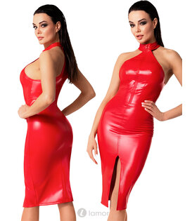 Rode Midi wetlook jurk, F354