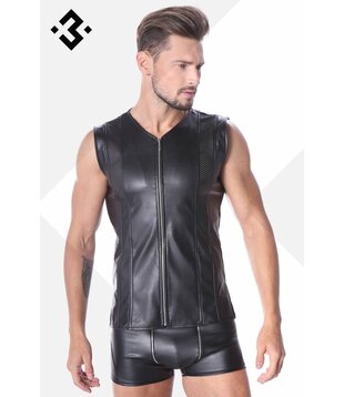 Zwart leren heren shirt met mesh  (XS-3XL-4XL)