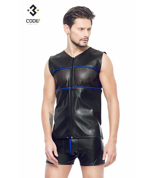 * Code8 by XXX COLLECTION Eco-Leder Shirt met mesh aan voor en achterzijde en blauwe bies