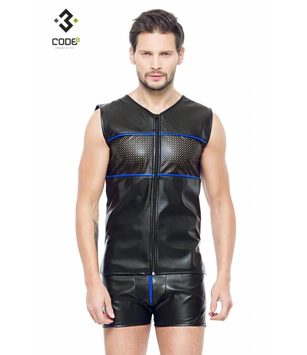 * Code8 by XXX COLLECTION Eco-Leder Shirt met mesh aan voor en achterzijde en blauwe bies