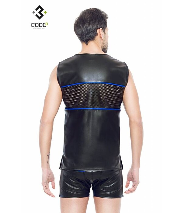 * Code8 by XXX COLLECTION Eco-Leder Shirt met mesh aan voor en achterzijde en blauwe bies