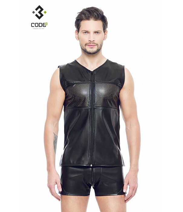 * Code8 by XXX COLLECTION Eco-Leder Shirt met mesh aan voor en achterzijde en zwarte  bies