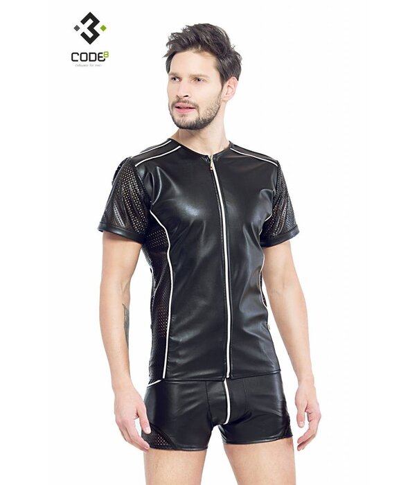* Code8 by XXX COLLECTION Eco-leder shirt met Mesh mouwen zilverkleurige biezen en rits.