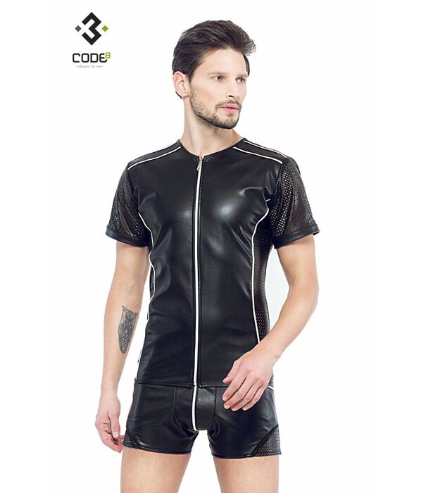 * Code8 by XXX COLLECTION Eco-leder shirt met Mesh mouwen zilverkleurige biezen en rits.