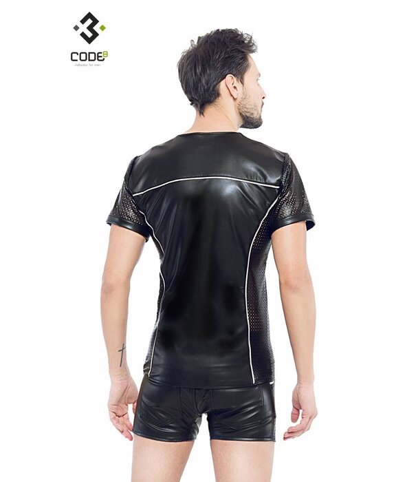 * Code8 by XXX COLLECTION Eco-leder shirt met Mesh mouwen zilverkleurige biezen en rits.